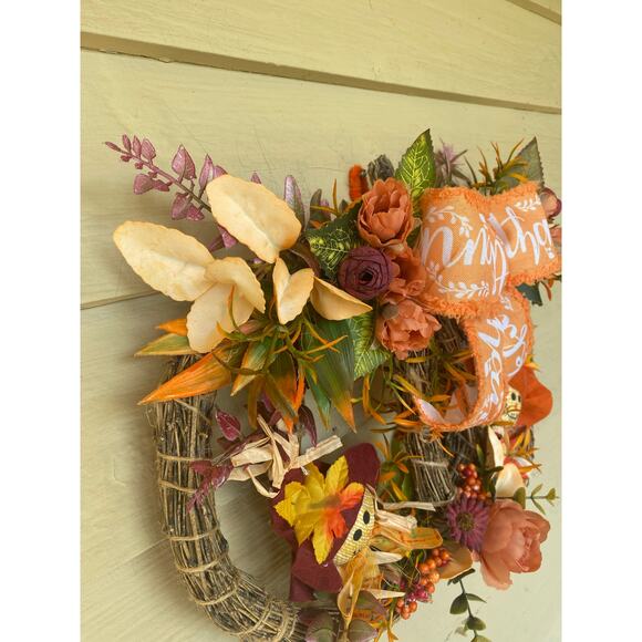 Fall Pumpkin Bamboo Wreath with Scarecrows, Thankful Bow & Autumn Florals - Picture 7 of 9